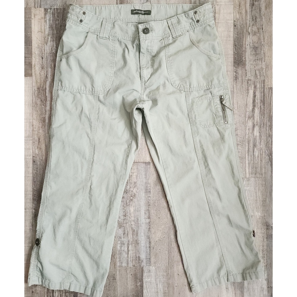 Eddie Bauer Crop Pants Womens 12 Sage Green Ripstop Cotton Roll Tab Utility